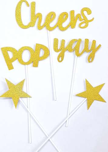 Cheers, Yay, Pop Cardstock Cake Topper Set - Click Image to Close